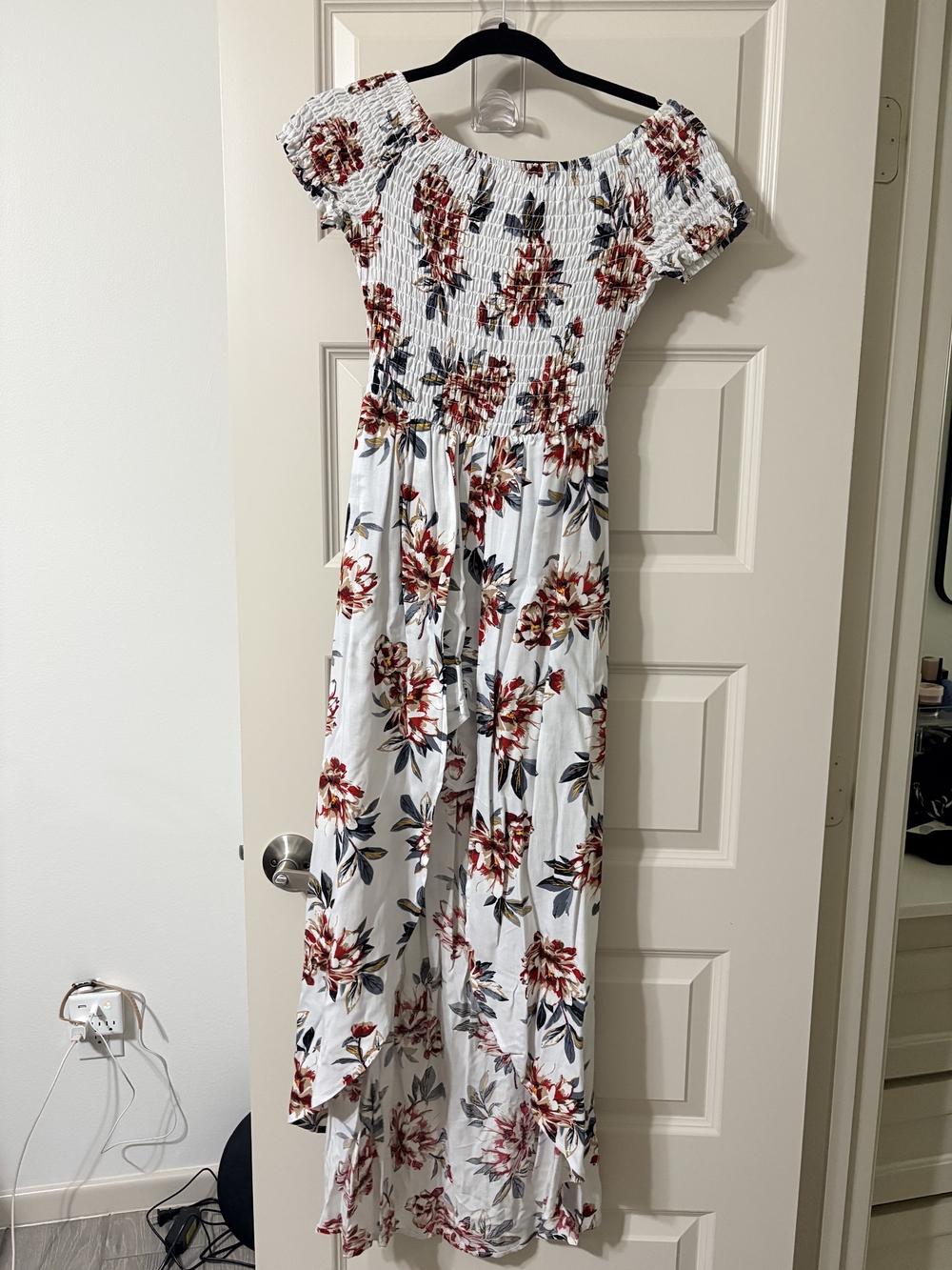 Smocked Off-Shoulder Floral Jumpsuit in White with Red Bloom